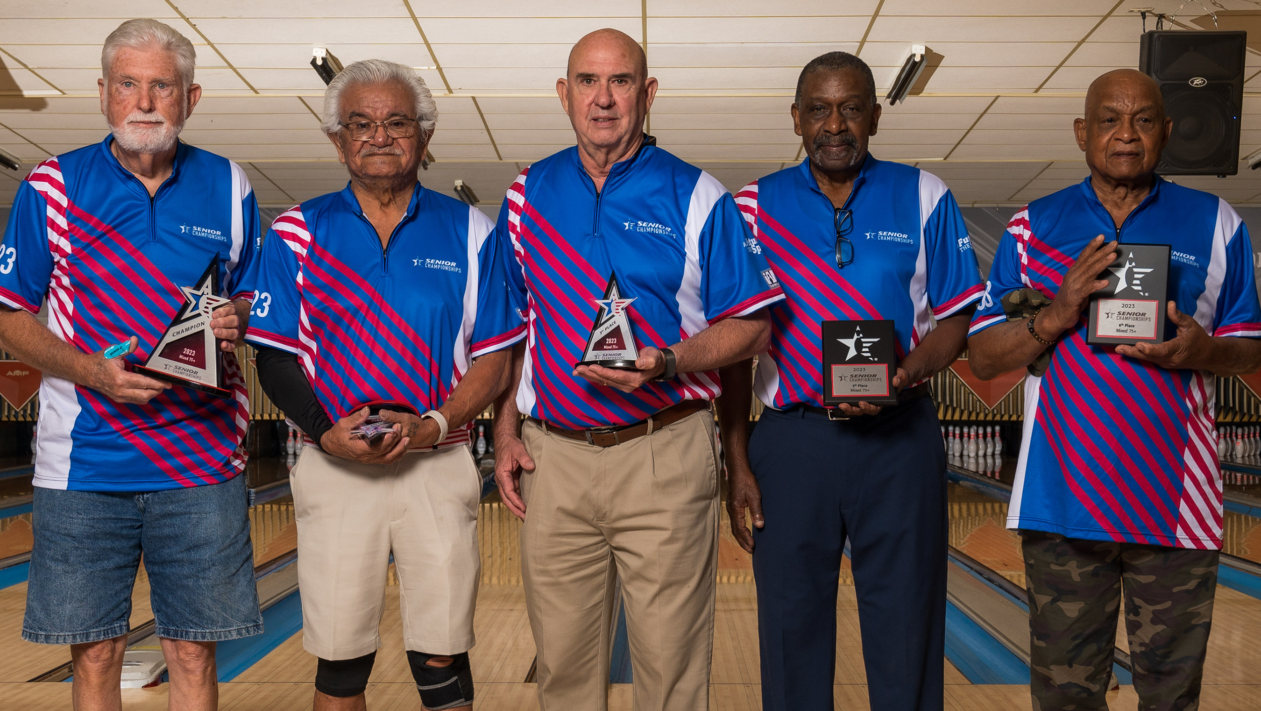 The top six finishers in Mixed 75 and older at the 2023 USBC Senior Championships.
