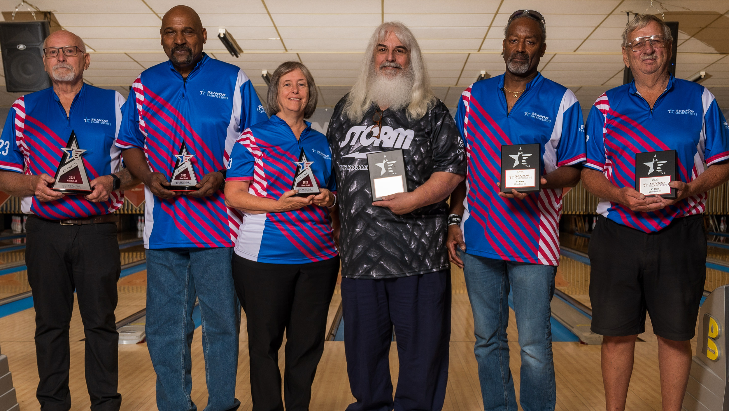 The top six finishers in Mixed 65-69 at the 2023 USBC Senior Championships.