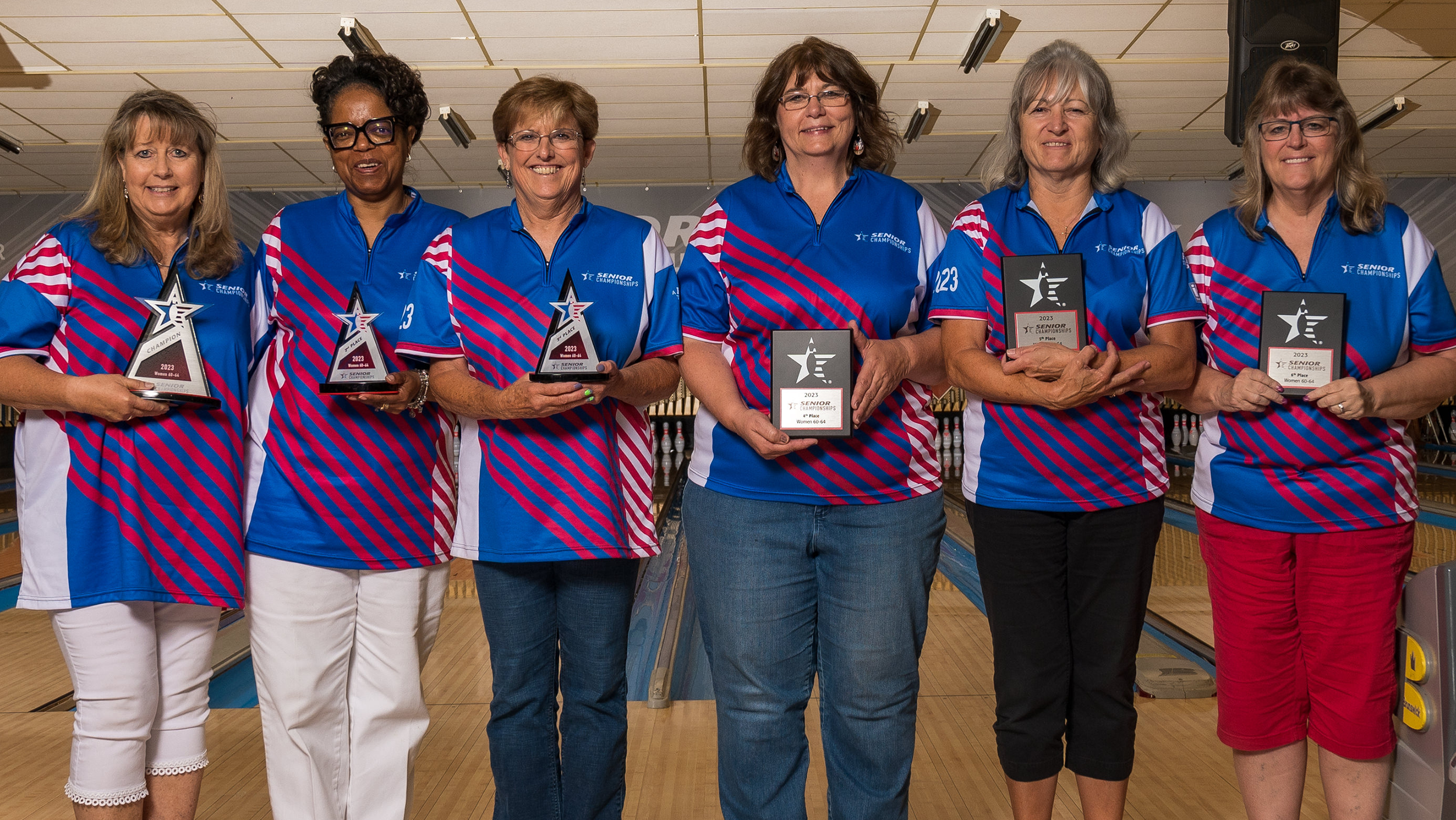 The top six finishers in Women's 60-64 at the 2023 USBC Senior Championships.