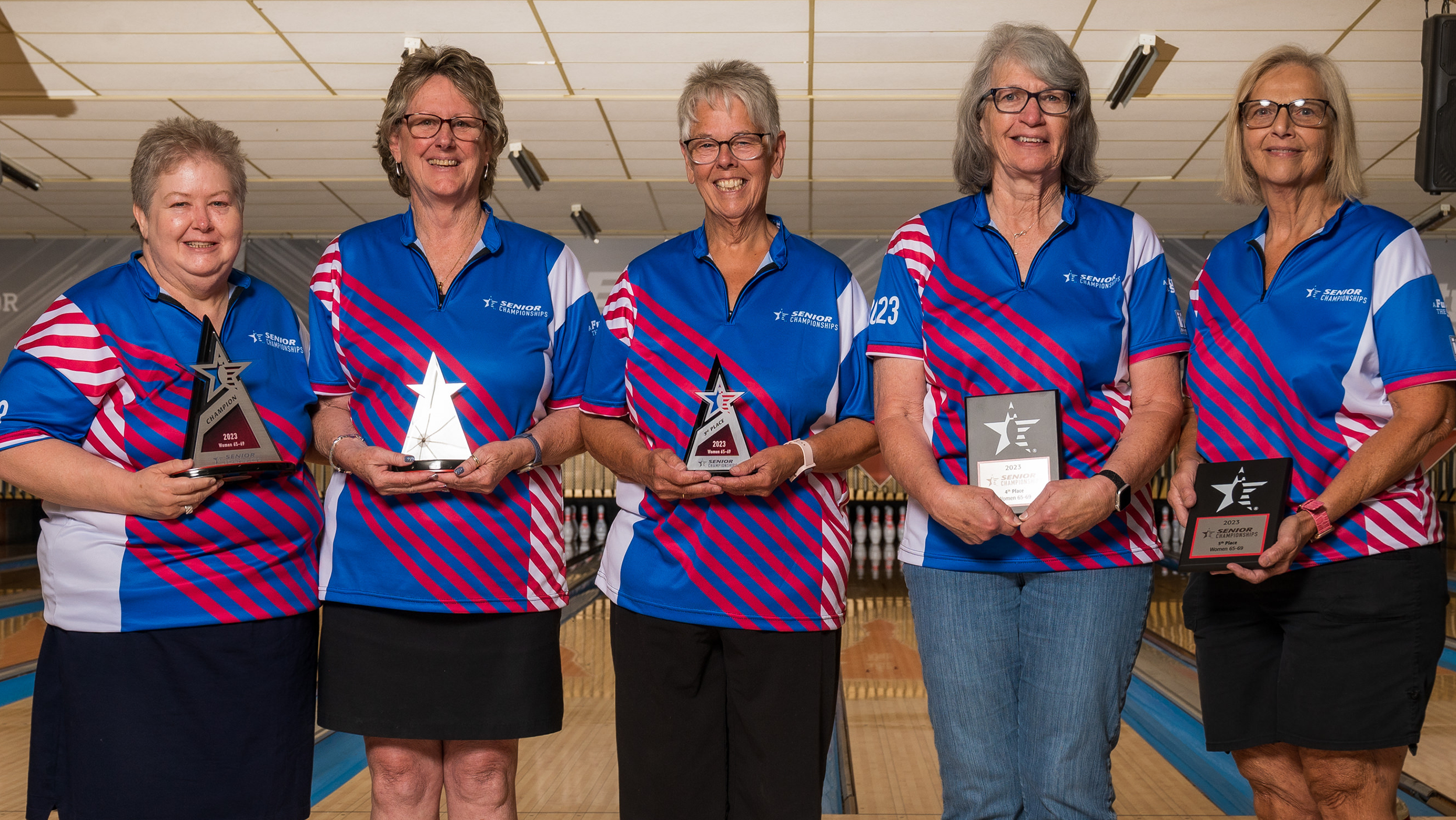 The top six finishers in Women's 65-69 at the 2023 USBC Senior Championships.