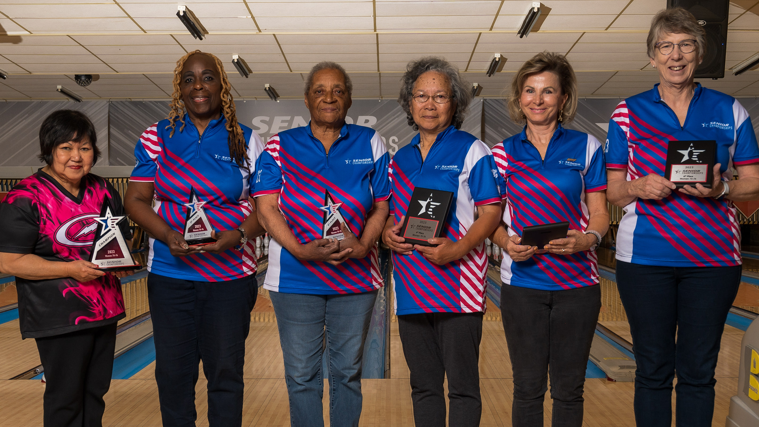 The top six finishers in Women's 70-74 at the 2023 USBC Senior Championships.