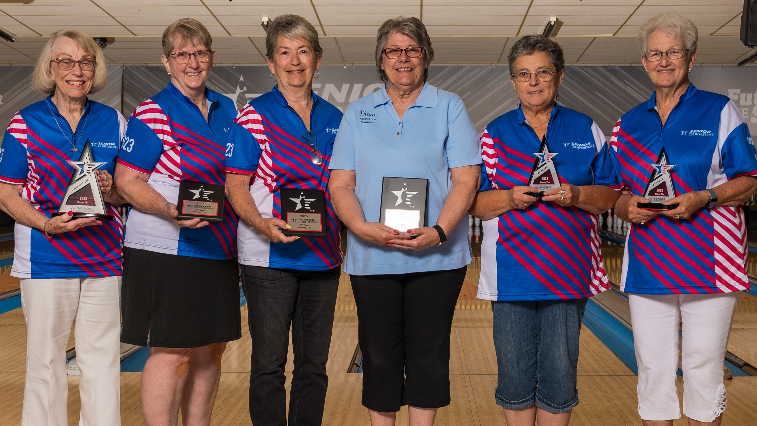 The top six finishers in Women's 75 and older at the 2023 USBC Senior Championships.