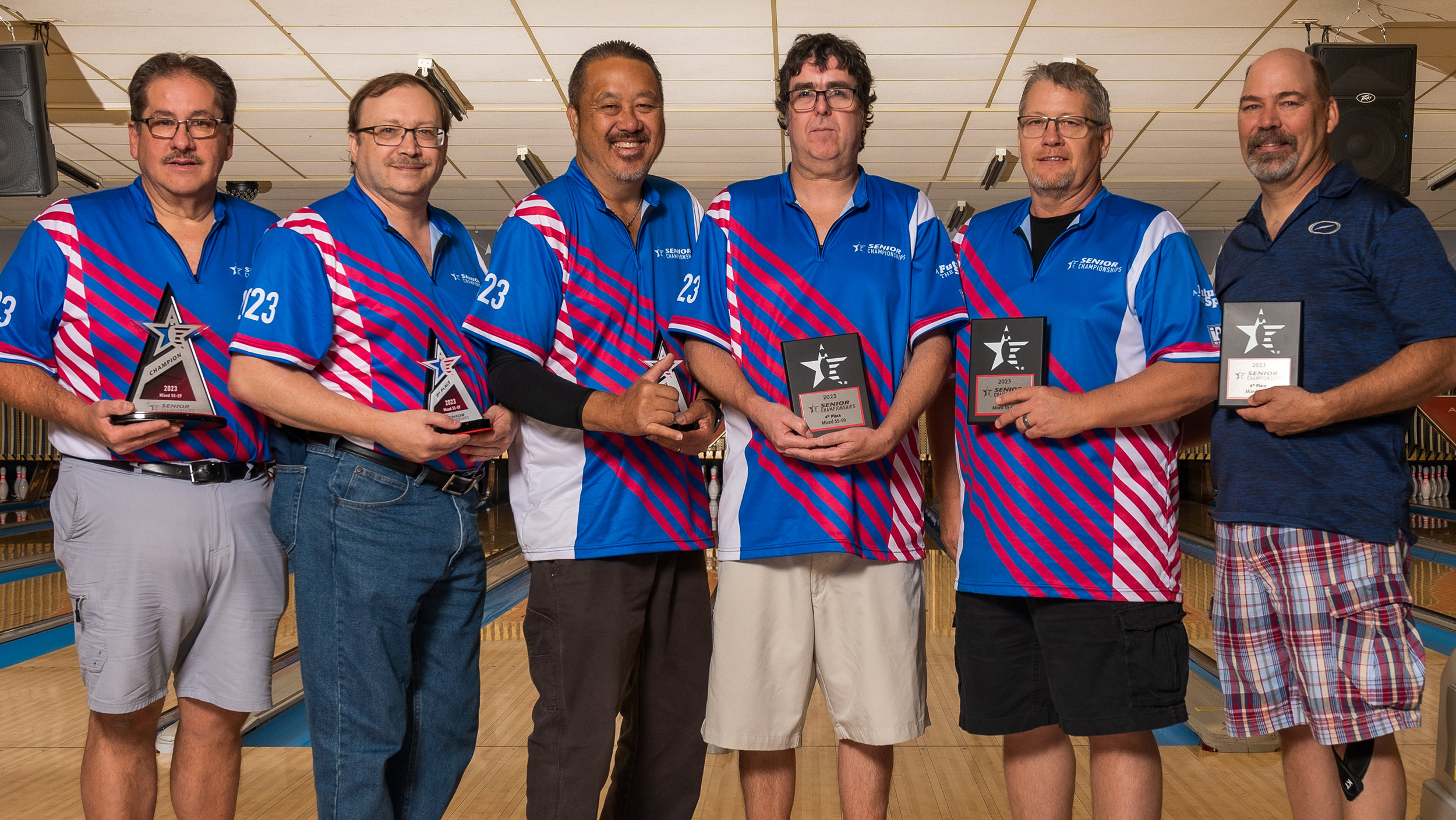 The top six finishers in Mixed 55-59 at the 2023 USBC Senior Championships.