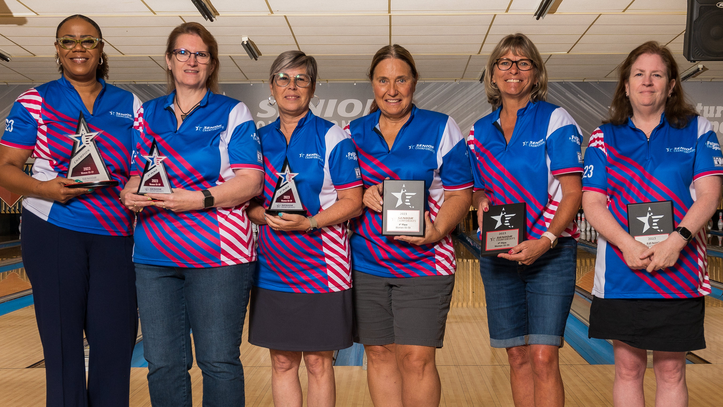 The top six finishers in Women's 55-59 at the 2023 USBC Senior Championships.
